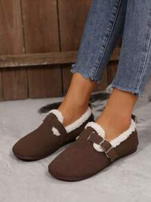 女士平底冬鞋，保暖内衬乐福鞋，百搭休闲一脚蹬带扣鞋，防滑舒适时尚平底鞋 - 深棕色 - 查看 1