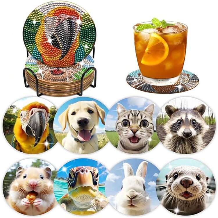 8pcs/Set Diamond Painting Cup Coaster Set Includes Lighthouse, Animal, Fairy, Cross, Pumpkin, Peacock, Vintage Car Coasters (With Holder) - Home Decor DIY Diamond Art Craft Kit For Beginners, Adults, Artificial Diamond Art Craft Supplies, Gift - Multicolor - View 13