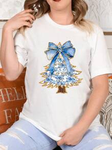 Oversized Style For Women, Blue Floral Christmas Tree T-Shirt, Elegant Tee Merging Classic And Modern Designs For The Holiday Season, Loose Type For Women, Unisex T-Shirt For Man And Women