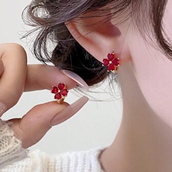 1 Pair Of Red Zirconia Four-Leaf Clover Stud Earrings, Unique Design