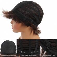 Perruque synthétique brune foncée à coupe pixie court, avec des cheveux naturels droits et superposés, avec des franges volumineuses. Résistante à la chaleur, convient pour un usage quotidien pour les femmes