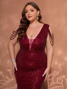 Deep Red V-Neck Sleeveless Sparkly Cinched Waist Floor Length Plus Size Evening Gown - Burgundy - View 2