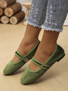 Cross-Border Trade Plus Size 35-43 Fashion Suede Square Toe Flats, Black For Everyday Wear, Purple-Red Strap For Skirts, Assorted Patterns On Toe, Spring/Autumn,Ballet Flats, Mary Janes - Green - View 6