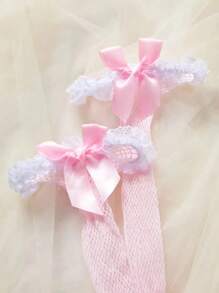 女士性感网眼蕾丝边连体睡衣，配头带、手镯和尾巴内裤 - 粉色 - 查看 2