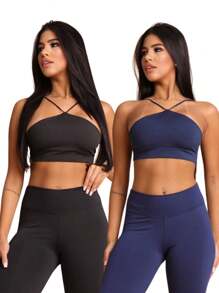 Kit 2 Top Gym Strap Fitness Cropped Zero Transparency Running Workout Clothing - 黑色和海軍藍 - 查看 2