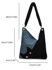 女士时尚牛仔拼色猫形单肩包，休闲日常工作手提包 - 藍色 - 查看 7