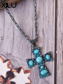 1 件复古时尚绿松石吊坠项链，时尚女士 - 十字 - 查看 13