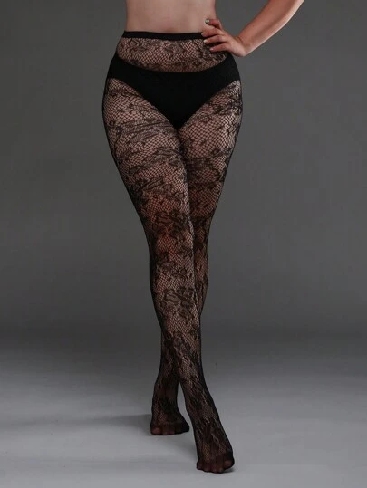 1pc Plus Size High Elastic Floral Fishnet Tights, Fashion Tight Leggings For Halloween Costumes, Sexy Black Mesh Pantyhose
