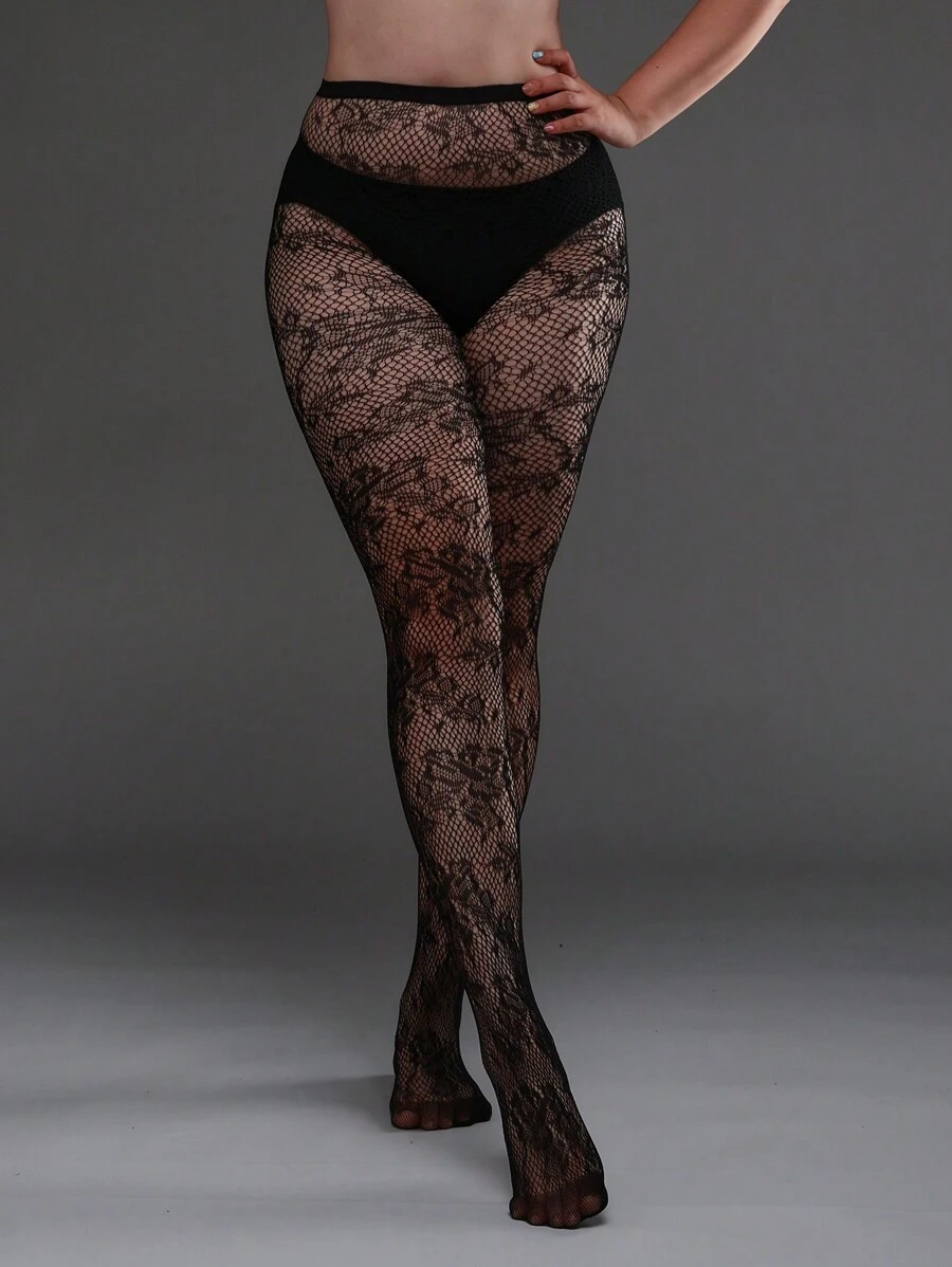 1 quần tất lưới họa tiết hoa co giãn cỡ lớn, quần legging bó thời trang cho trang phục Halloween, quần tất lưới đen gợi cảm - màu đen - Xem 1