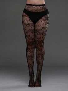 1 quần tất lưới họa tiết hoa co giãn cỡ lớn, quần legging bó thời trang cho trang phục Halloween, quần tất lưới đen gợi cảm - màu đen - Xem 2
