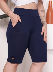 Women's Bermuda Shorts With Pocket And Button - 藏蓝色 - 查看 1