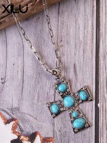 1 件复古时尚绿松石吊坠项链，时尚女士 - 十字 - 查看 11