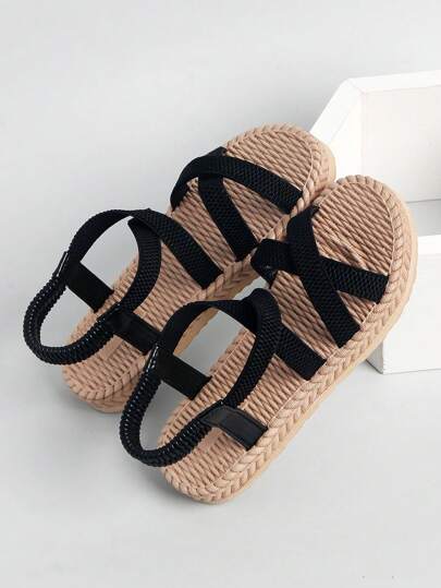 1 Pair Girls' Black Flat Sandals, High-Quality Elastic Band Material, Bohemian Style Elastic Band Design, Slip-On, Dual-Layer Elastic Sole, Fashion Versatile, Suitable For 3-14 Years Old, Summer, Matching With Mom, Outdoor, Beach, Holiday