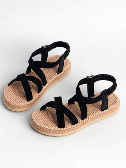 1 Pair Girls' Black Flat Sandals, High-Quality Elastic Band Material, Bohemian Style Elastic Band Design, Slip-On, Dual-Layer Elastic Sole, Fashion Versatile, Suitable For 3-14 Years Old, Summer, Matching With Mom, Outdoor, Beach, Holiday