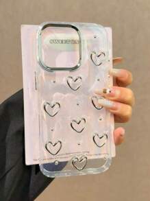 Epoxy Resin 3D Pearl Heart IPhone 16E/15 Phone Case, Fit For Apple 14/13 Pro Max, Transparent Hard Shell, Premium Elegant Silver Color, Unique Korean Style, Suitable For Women