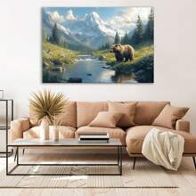 Spring Landscape, Wild Bear Mural, Woodland Animal Mural, Bear In The Mountains, Modern Abstract Minimalist Canvas Mural, For Living Room ,Bathroom,Bedroom, Office, Corridor Home Wall Decor Framed