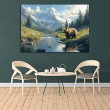 Spring Landscape, Wild Bear Mural, Woodland Animal Mural, Bear In The Mountains, Modern Abstract Minimalist Canvas Mural, For Living Room ,Bathroom,Bedroom, Office, Corridor Home Wall Decor Framed