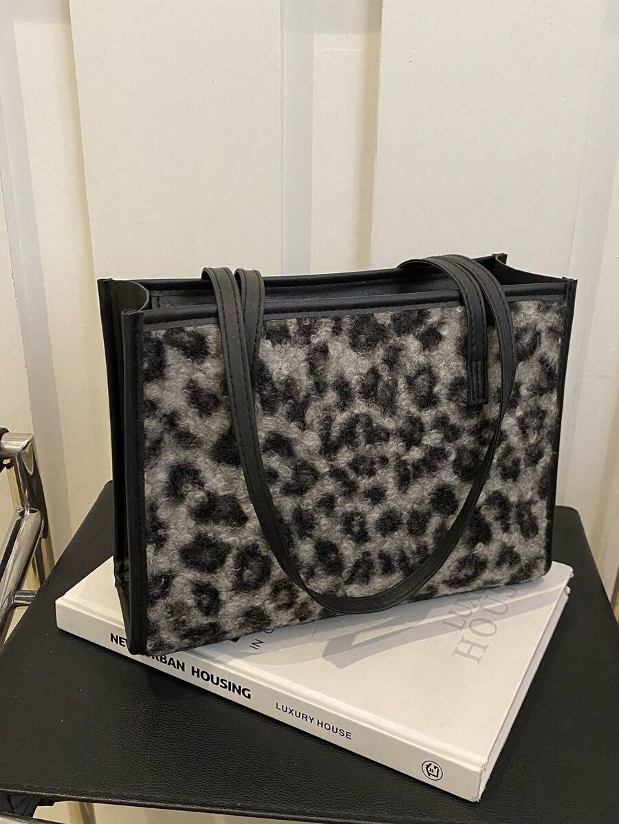 女士时尚百搭豹纹单肩包，适合日常通勤和旅行 - 黑色 - 查看 1