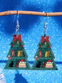 1 对可爱卡通时尚新奇圣诞树蝴蝶结亮片亚克力耳环，女士节日派对珠宝 - 彩色 - 查看 2