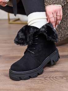 Royalfashion Botas de Cano Curto com Cadarço Femininas Cavenma - Preto - Ver 2