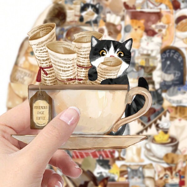 50pcs Whimsical Cat Cafe Stickers - Cute And Cozy Decorative Stickers, Vinyl Self-Adhesive Decor Aesthetic Decals - Ideal For Scrapbooking, Laptops, Bottles, Cars, Journals, And More