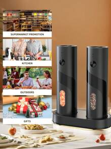 CLITON 2pcs Electric Salt And Pepper Grinder Set - Automatic Salt And Pepper Grinder Set, Rechargeable - Electronic Salt And Pepper Shakers With LED Light, Electric Pepper Mill And Salt Grinder, One-Handed Operation, Automatic Grinder With Charging Base And LED Light