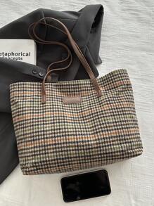 1 Túi xách đeo vai vải cổ điển Thousand Bird Check Top có khóa kéo đơn giản Túi tote cho phụ nữ sử dụng hàng ngày, thường ngày và du lịch - màu nâu - Xem 4