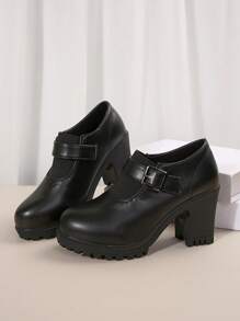 Giày cao gót nữ màu trơn, bốt cổ ngắn đế dày có khóa trang trí, bốt cổ ngắn màu đen chống trơn trượt, bốt cổ ngắn thoải mái cho nữ. - màu đen - Xem 7