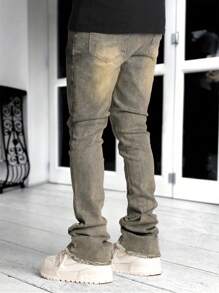 Slim-Fit Solid Color Stretch Jeans, Distressed Stacked Jeans, Y2K Style Fashion Versatile Men's Slim Fit Flared Jeans, Skinny Fit Jeans, Flared Jeans