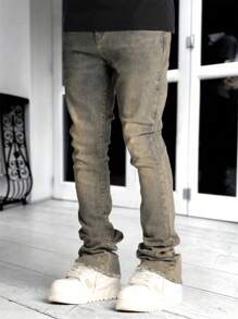 Slim-Fit Solid Color Stretch Jeans, Distressed Stacked Jeans, Y2K Style Fashion Versatile Men's Slim Fit Flared Jeans, Skinny Fit Jeans, Flared Jeans