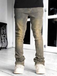 Slim-Fit Solid Color Stretch Jeans, Distressed Stacked Jeans, Y2K Style Fashion Versatile Men's Slim Fit Flared Jeans, Skinny Fit Jeans, Flared Jeans