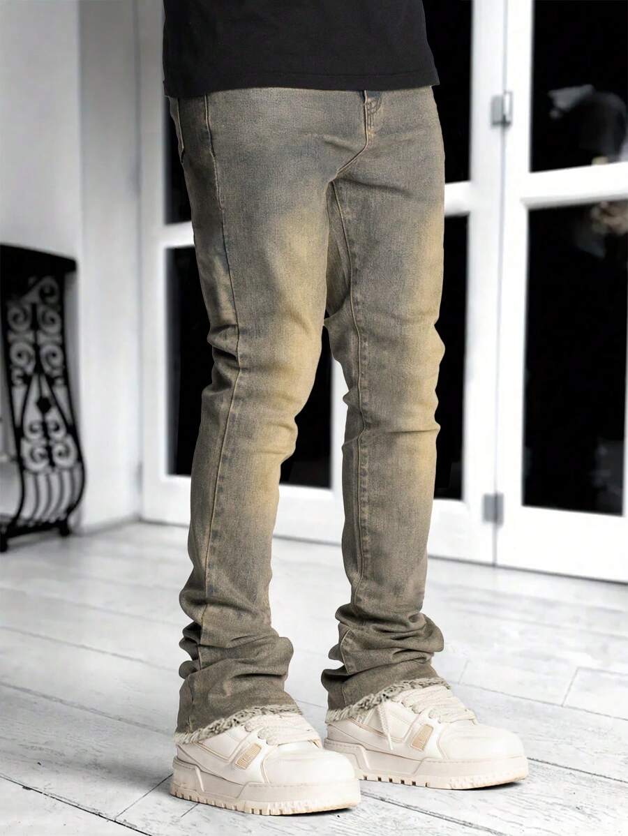 Slim-Fit Solid Color Stretch Jeans, Distressed Stacked Jeans, Y2K Style Fashion Versatile Men's Slim Fit Flared Jeans, Skinny Fit Jeans, Flared Jeans