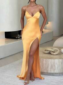 Women V-Neck High Slit Strap Dress Formal Gown Elegant Cocktail Semi Formal Prom Wedding Guest Dress, For Birthday, Graduation, Dinner, Homecoming Party Dress - Màu vàng - Xem 1