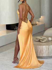 Women V-Neck High Slit Strap Dress Formal Gown Elegant Cocktail Semi Formal Prom Wedding Guest Dress, For Birthday, Graduation, Dinner, Homecoming Party Dress - Màu vàng - Xem 3