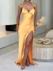 Women V-Neck High Slit Strap Dress Formal Gown Elegant Cocktail Semi Formal Prom Wedding Guest Dress, For Birthday, Graduation, Dinner, Homecoming Party Dress - Màu vàng - Xem 2