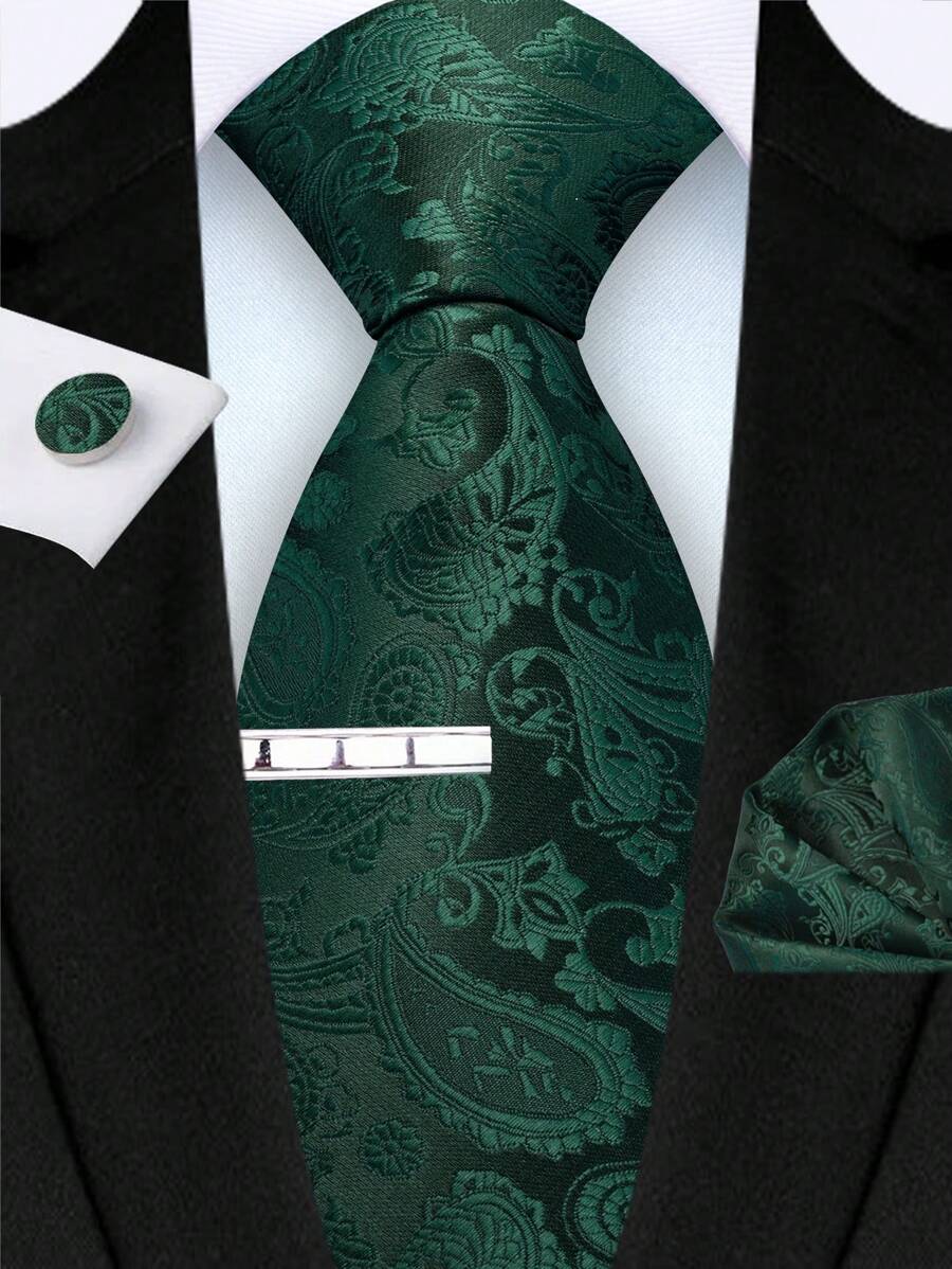 4pcs/Set Men's 8cm Paisley Pattern Tie, Handkerchief, Cufflinks, Tie Clip Set, High-Quality Classic & Fashion Business/Casual Tie Set, Great For Family, Christmas, Party Gifts - Dark Green - View 1