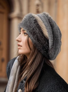 女士冬季粗针织帽 - 100% 腈纶毛绒内衬弹性宽松帽，轻盈保暖，可手洗，无帽檐，适合日常佩戴