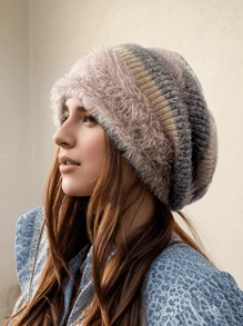 女士冬季粗针织帽 - 100% 腈纶毛绒内衬弹性宽松帽，轻盈保暖，可手洗，无帽檐，适合日常佩戴