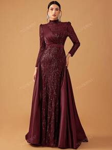 YISIKADO Women's Elegant Luxury Sequin Satin Panel Stand Neck Long Sleeve Cape Formal Party Dress, Wedding Guest Dress, Evening Dress,Gown