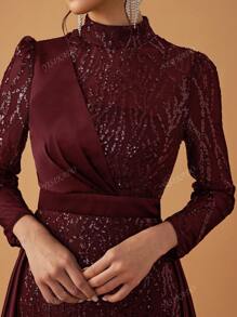 YISIKADO Women's Elegant Luxury Sequin Satin Panel Stand Neck Long Sleeve Cape Formal Party Dress, Wedding Guest Dress, Evening Dress,Gown