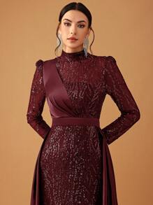 YISIKADO 女士优雅奢华亮片缎面立领长袖斗篷正式派对礼服、婚礼宾客礼服、晚礼服、长袍 - 酒紅色 - 查看 7