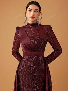 YISIKADO Women's Elegant Luxury Sequin Satin Panel Stand Neck Long Sleeve Cape Formal Party Dress, Wedding Guest Dress, Evening Dress,Gown