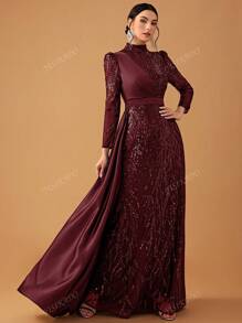 YISIKADO Women's Elegant Luxury Sequin Satin Panel Stand Neck Long Sleeve Cape Formal Party Dress, Wedding Guest Dress, Evening Dress,Gown
