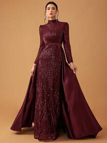 YISIKADO 女士优雅奢华亮片缎面立领长袖斗篷正式派对礼服、婚礼宾客礼服、晚礼服、长袍 - 酒紅色 - 查看 2