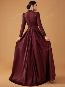 YISIKADO Women's Elegant Luxury Sequin Satin Panel Stand Neck Long Sleeve Cape Formal Party Dress, Wedding Guest Dress, Evening Dress,Gown