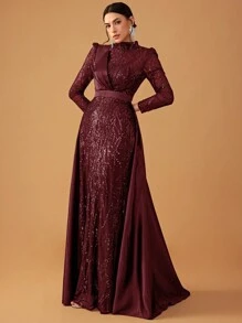 YISIKADO 女士优雅奢华亮片缎面立领长袖斗篷正式派对礼服、婚礼宾客礼服、晚礼服、长袍 - 酒紅色 - 查看 5