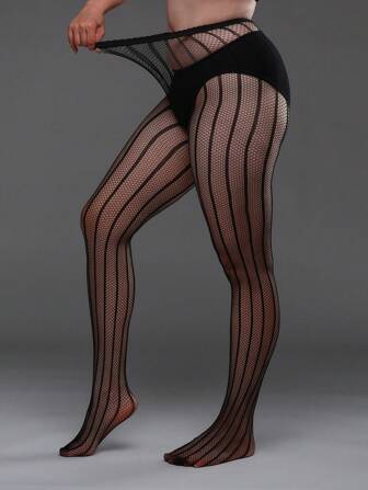 2pcs Plus Size Women High Elastic Striped Fishnet Tights, Sexy Black Net Pantyhose For Halloween Costume