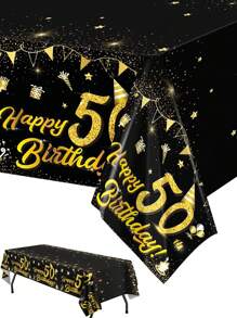 1pc Black & Gold Birthday Tablecloth, Suitable For 18/30/40/50/60 Years Old Birthday, Disposable Tablecloth, Birthday Party Kitchen Dining Room Holiday Party Decor, Home Decor, Dining Table Decor - Multicolor - View 2