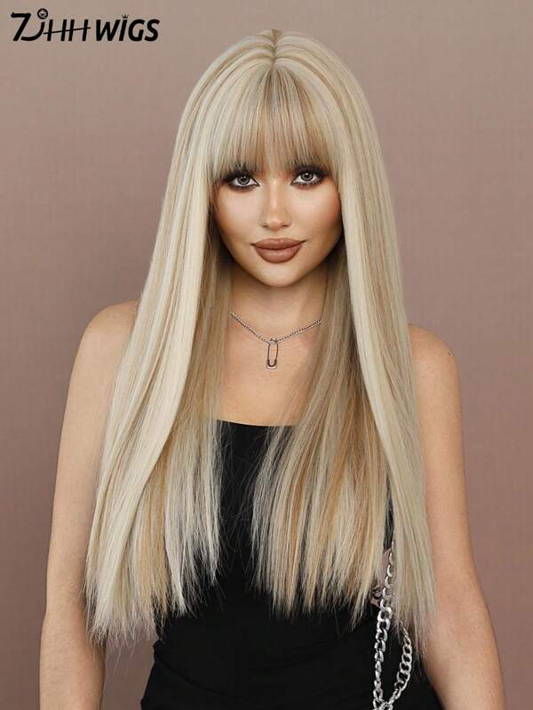 7JHH WIGS Peluca larga recta de lino rubio de 26 pulgadas para mujeres con destellos marrones, peluca sintética lujosa y esponjosa con flequillo, de apariencia natural, muy suave, resistente al calor, fibra sintética. Peluca completa hecha a máquina, adecuada para niñas de moda diaria, anime o disfraz de cosplay, decoración, festivales de música, fiestas de baile, uso urbano, regalo del Día de la Madre