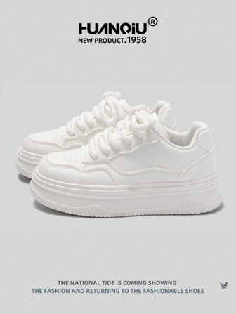  HUANQIU 女士时尚厚底休闲白色运动鞋，舒适时尚，适合运动和日常穿着，四季皆宜
